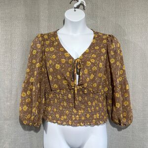 Boho Top Womens XXL Floral Hippie Ruched Balloon Sleeve V Neck Lightweight Shirt